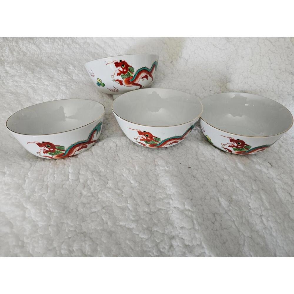 (4) Vintage Luo Sen Jian Zhi Gold Trim Hand Painted Bowls 5" White Japan Dragon